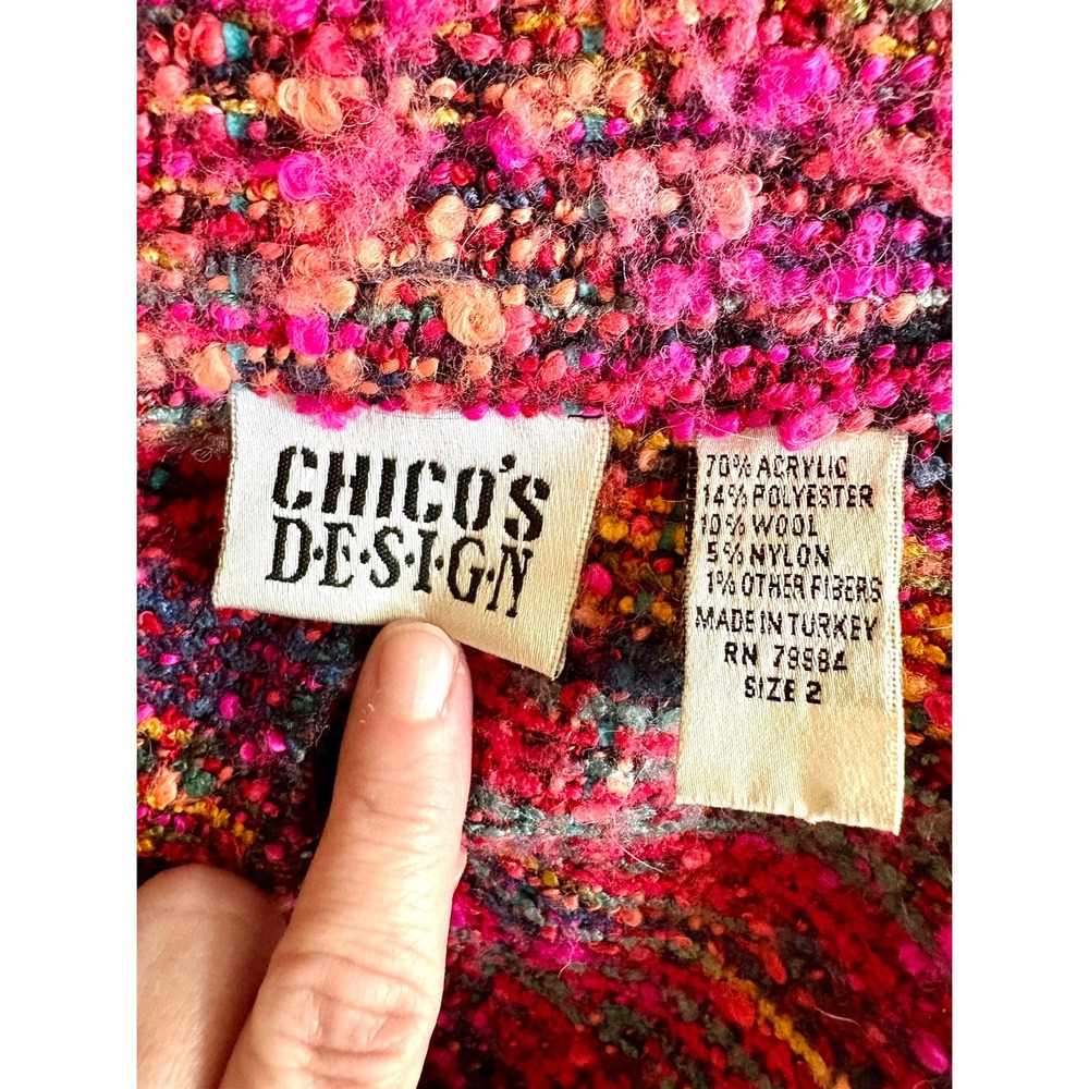 Vintage Chico's Pink Colorful Boucle Knit Open Front Jacket 2 Artsy 90s Bohemian - Picture 4 of 11